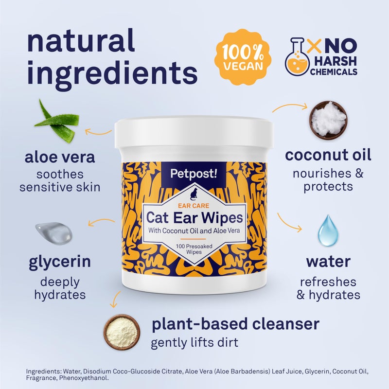 Petpost | Cat Ear Cleaner Wipes - Ultra Soft Cotton Pads in Coconut Oil Solution - Treatment for Removing Cat Ear Dirt & Wax 100 ct. - Image 3