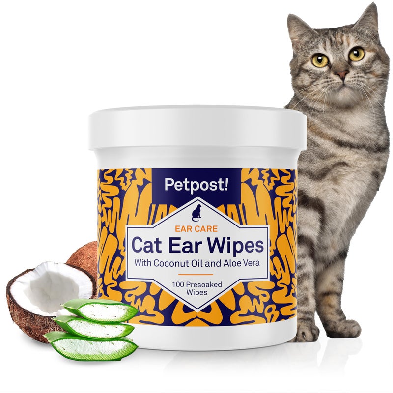 Petpost | Cat Ear Cleaner Wipes - Ultra Soft Cotton Pads in Coconut Oil Solution - Treatment for Removing Cat Ear Dirt & Wax 100 ct. - Image 1