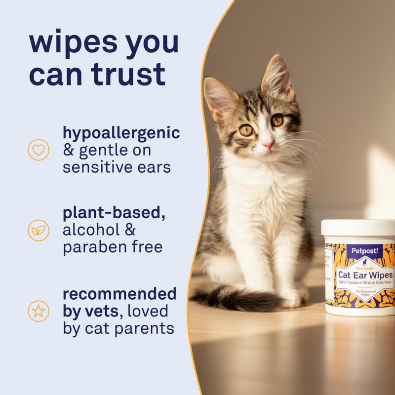 Petpost | Cat Ear Cleaner Wipes - Ultra Soft Cotton Pads in Coconut Oil Solution - Treatment for Removing Cat Ear Dirt & Wax 100 ct. - Image 4