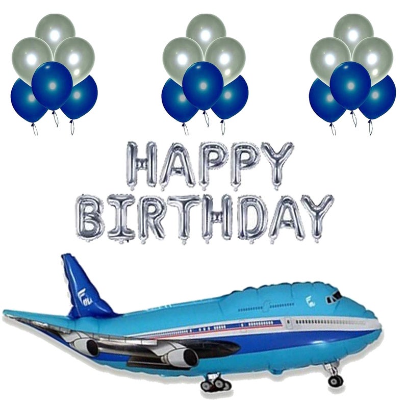 Balloonistics Masti Zone 3 Pcs Aeroplane/Airplane Foil Balloons With Happy Birthday Foil and 50 Blue and Grey Balloons For Aetoplane Birthday Theme Party Decoration (Aeroplane Set 3) - Image 3