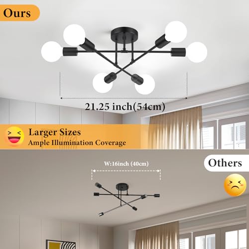 Bosceos Modern Sputnik Chandelier 6-Light Industrial Ceiling Lights Fixture 22" Black Semi Flush Mount Ceiling Light with E26 Base Sputnik Lights Fixture for Dining Room Bedroom Foyer Hallway Living Room - Image 3