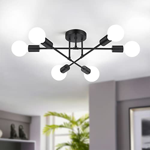 Bosceos Modern Sputnik Chandelier 6-Light Industrial Ceiling Lights Fixture 22" Black Semi Flush Mount Ceiling Light with E26 Base Sputnik Lights Fixture for Dining Room Bedroom Foyer Hallway Living Room - Image 1