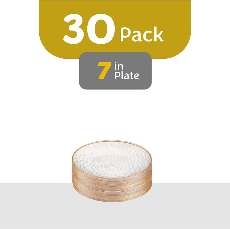 PLASTICPRO 30 Pack 7 inch Hammered Clear Plastic Plates Gold Rim Heavyweight Disposable Plastic Plates Elegant Clear Hammered Rim Platsic Party Dishes - Image 4