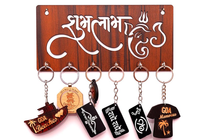 9br 9br Wooden Key Holder for Home Wall Stylish Key Stand Mobile Holder for Wall Key Hanger Key Chain Holders for Wall 6 Hooks MDF Subh Labh Ganesh Brown  - Image 1