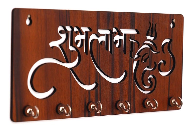 9br 9br Wooden Key Holder for Home Wall Stylish Key Stand Mobile Holder for Wall Key Hanger Key Chain Holders for Wall 6 Hooks MDF Subh Labh Ganesh Brown  - Image 3