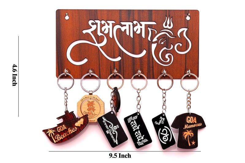 9br 9br Wooden Key Holder for Home Wall Stylish Key Stand Mobile Holder for Wall Key Hanger Key Chain Holders for Wall 6 Hooks MDF Subh Labh Ganesh Brown  - Image 2
