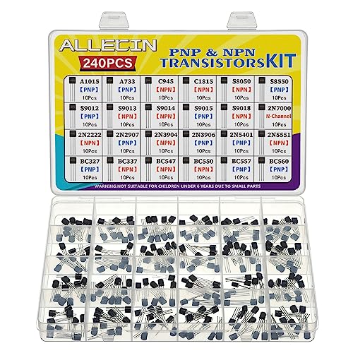 ALLECIN 24 Values BJT Transistor Kit A1015 A733 C945 C1815 S8050 S8550 S9012 S9013 S9014 S9015 S9018 2N7000 2N2222 2N2907 2N3904 2N3906 2N5401 2N5551 BC327 BC337 BC547 BC550 BC557 BC560 Transistors - Image 1