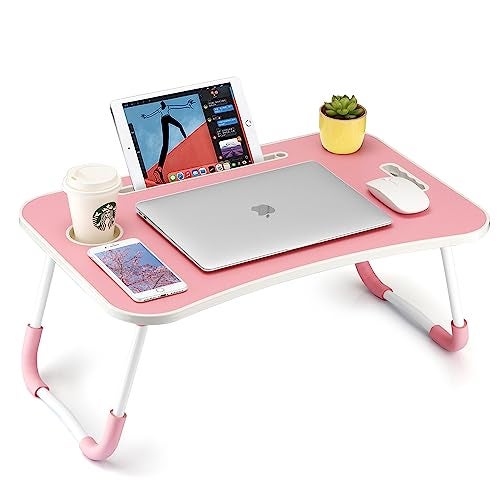 FISYOD Foldable Laptop Table Portable Lap Desk Bed Table Tray Laptop Stand with Cup Holder  Tablet Slot  Lifting Handle for Working Writing Drawing  Eating Pink