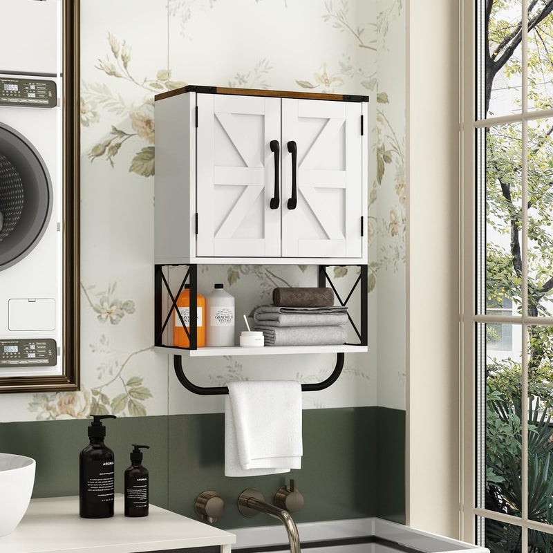 RUSTOWN Farmhouse Rustic Medicine Cabinet with Two Barn Door,Wood Wall Mounted Storage Cabinet w/Dark Brown Top & Adjustable Shelf and Towel Bar, 3-Tier Cabinet for Bathroom(White) - Image 2