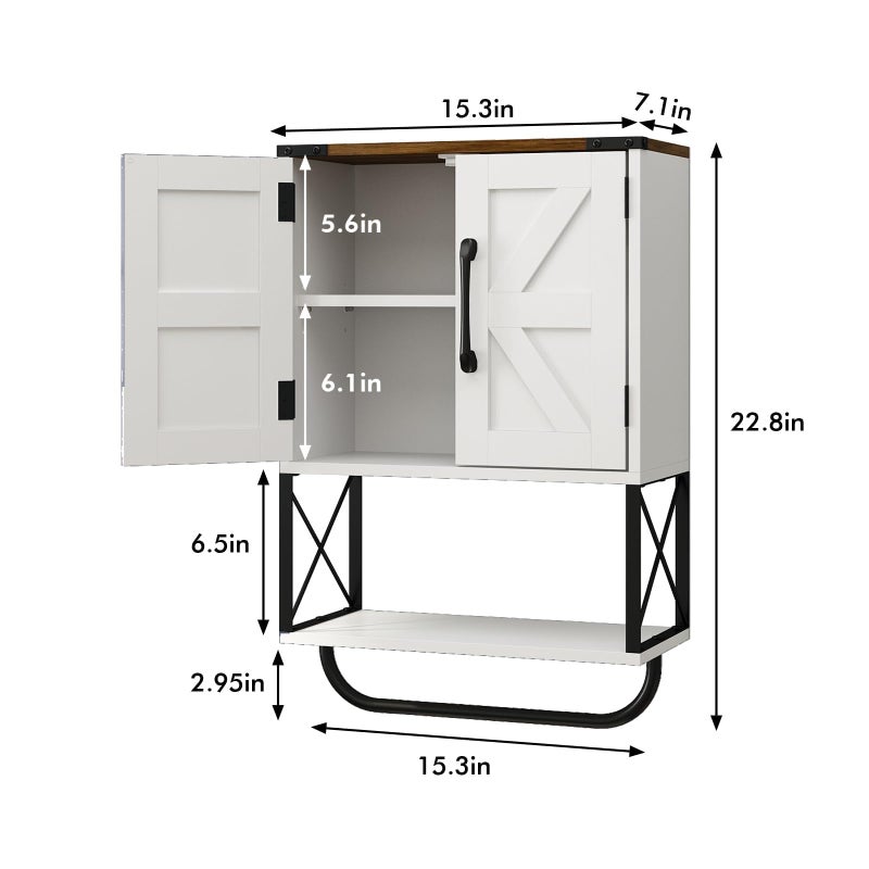 RUSTOWN Farmhouse Rustic Medicine Cabinet with Two Barn Door,Wood Wall Mounted Storage Cabinet w/Dark Brown Top & Adjustable Shelf and Towel Bar, 3-Tier Cabinet for Bathroom(White) - Image 4