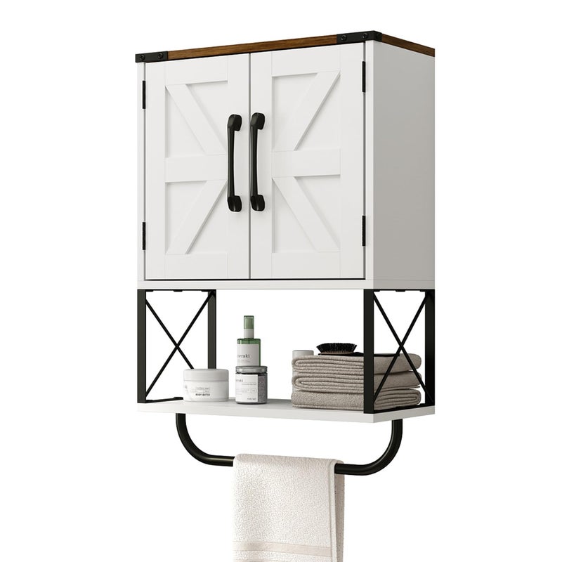 RUSTOWN Farmhouse Rustic Medicine Cabinet with Two Barn Door,Wood Wall Mounted Storage Cabinet w/Dark Brown Top & Adjustable Shelf and Towel Bar, 3-Tier Cabinet for Bathroom(White) - Image 1