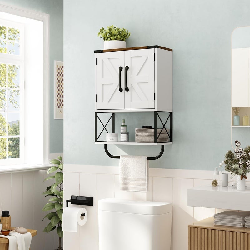 RUSTOWN Farmhouse Rustic Medicine Cabinet with Two Barn Door,Wood Wall Mounted Storage Cabinet w/Dark Brown Top & Adjustable Shelf and Towel Bar, 3-Tier Cabinet for Bathroom(White) - Image 3