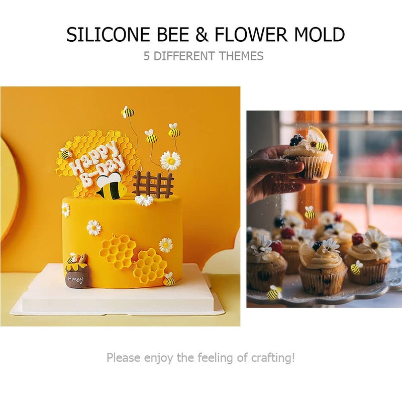CNYMANY 5 Pcs Bumble Bee and Flower Fondant Molds  CNYMANY Handmade Silicone Honeycomb Baking Chocolate Molds for Birthday Party Decoration DIY Cake Topper Candy Cookies Polymer Clay Crafting Project - Image 5