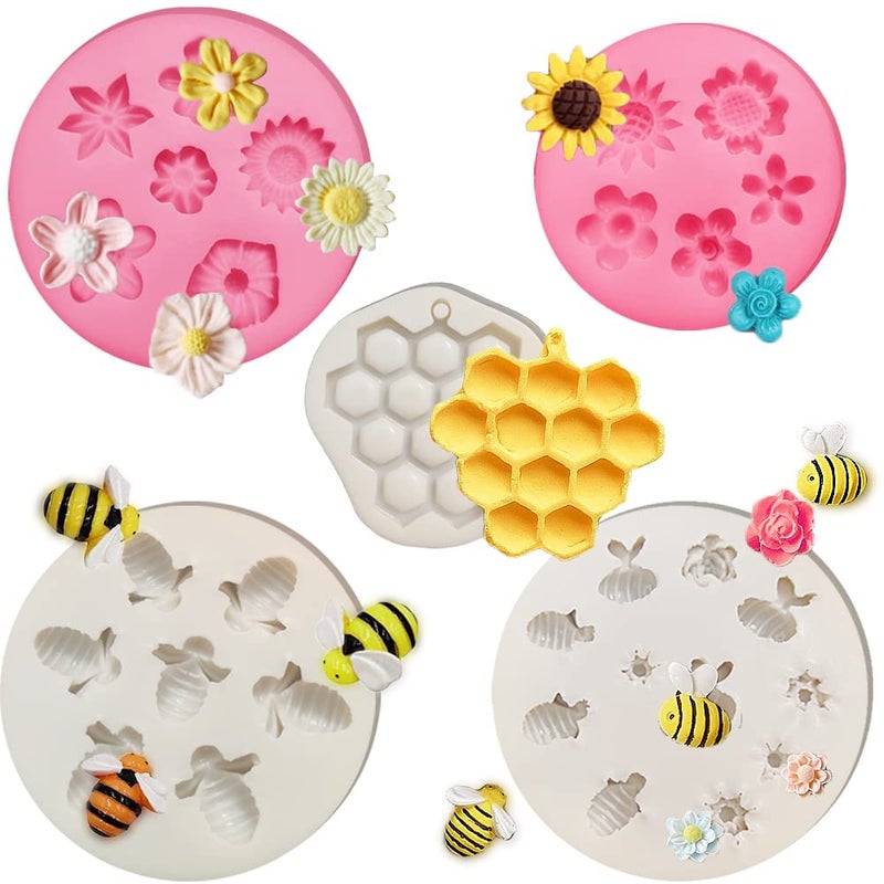 CNYMANY 5 Pcs Bumble Bee and Flower Fondant Molds  CNYMANY Handmade Silicone Honeycomb Baking Chocolate Molds for Birthday Party Decoration DIY Cake Topper Candy Cookies Polymer Clay Crafting Project - Image 1