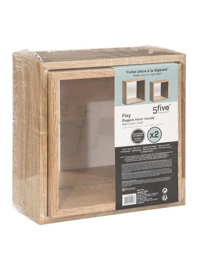 Five Simply Smart 2-Piece Fixy Floating Mirrored Cube Wall Shelf Set Natural Oak 27 x 12 x 27 cm 173680