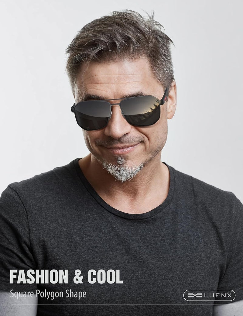 LUENX Aviator Sunglasses for Men Square Polarized Polygon Lens - UV 400 Protection with Accessories 61MM Driving Outdoor - Image 2