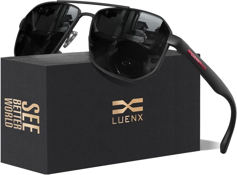 LUENX Aviator Sunglasses for Men Square Polarized Polygon Lens - UV 400 Protection with Accessories 61MM Driving Outdoor - Image 1