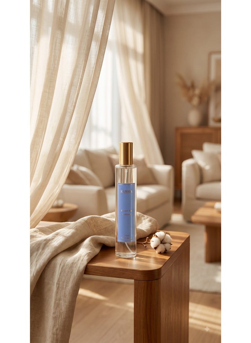 KAMAYA Iris Collection Room Spray 100ml | Long lasting Fresh cotton fragrance in clear bottle with gold lid - Image 1