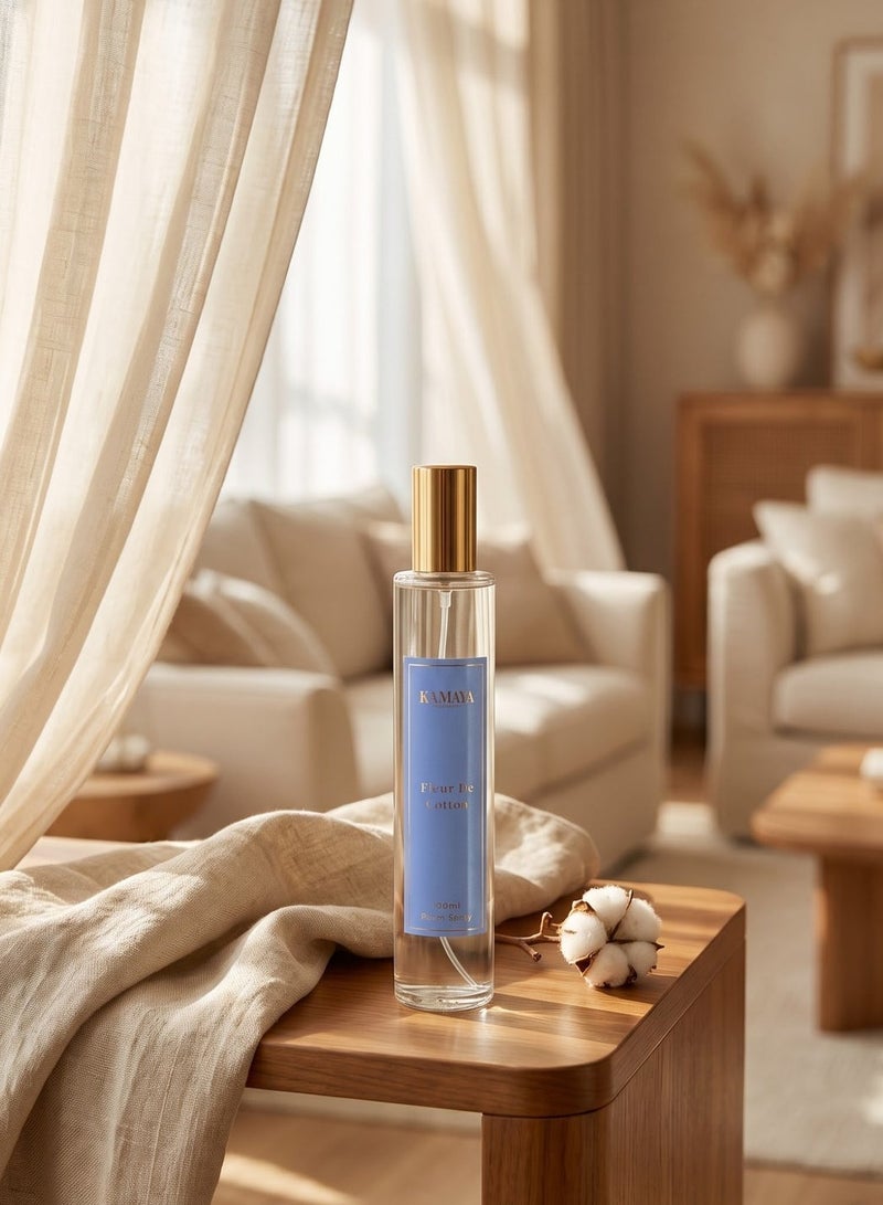 KAMAYA Iris Collection Room Spray 100ml | Long lasting Fresh cotton fragrance in clear bottle with gold lid - Image 1