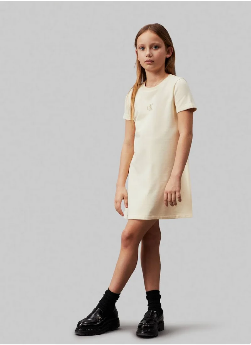 Calvin Klein Jeans Girls' CK Logo Terry Fit and Flare Dress - Cotton, White