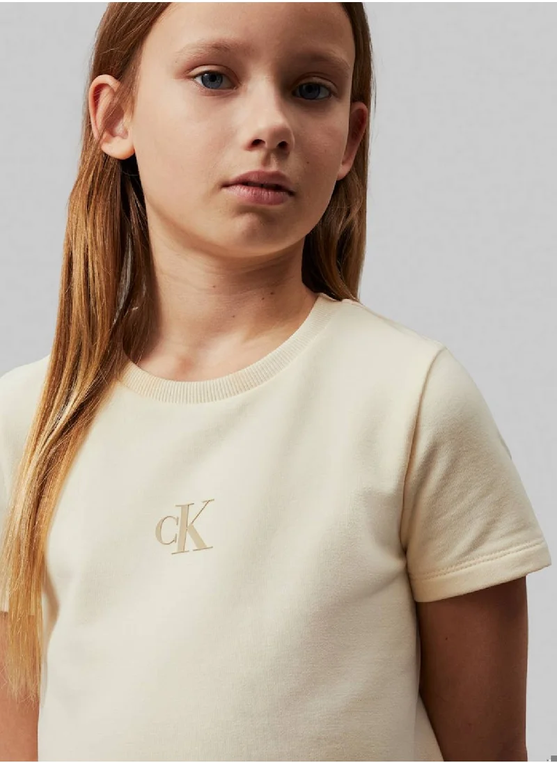 Calvin Klein Jeans Girls' CK Logo Terry Fit and Flare Dress - Cotton, White