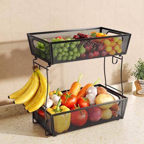 SNTD 2 Tier Fruit Basket Bowl for Kitchen Counter with 2 Banana Hangers Countertop Metal Mesh Basket Stand Fruit Holder for Veggies Onion Potato Bread Snack Black - Image 1