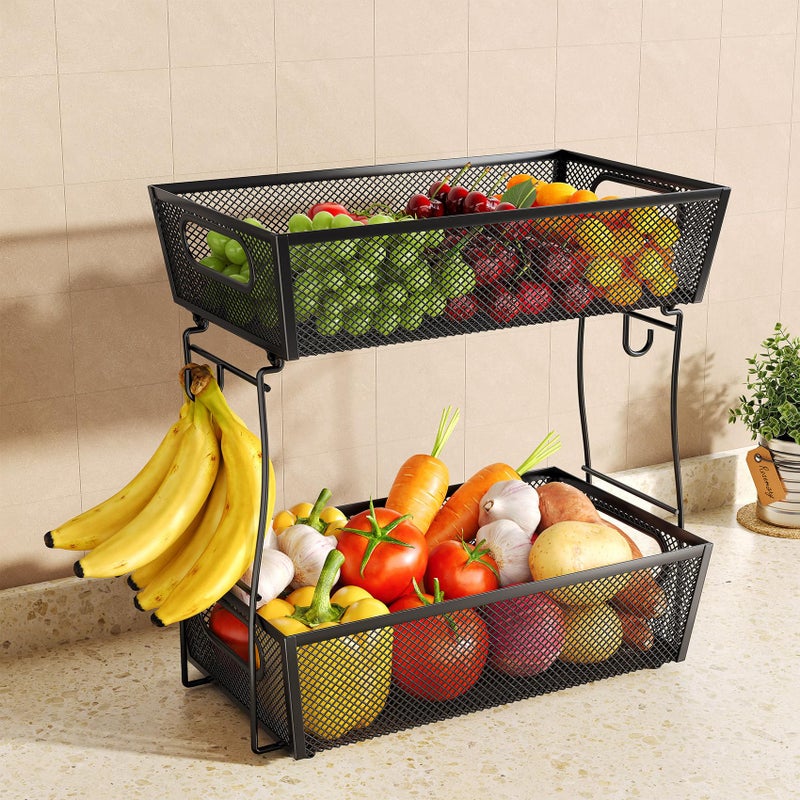 SNTD 2 Tier Fruit Basket Bowl for Kitchen Counter with 2 Banana Hangers Countertop Metal Mesh Basket Stand Fruit Holder for Veggies Onion Potato Bread Snack Black - Image 2