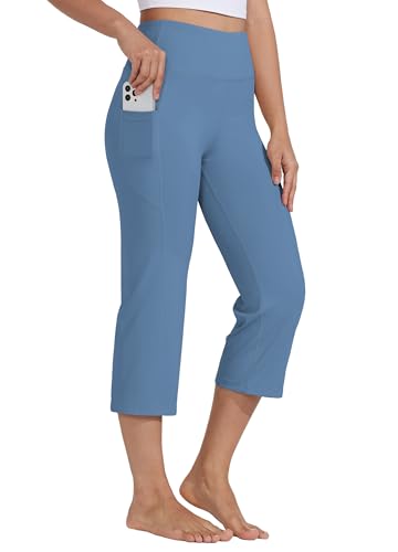 Willit Women's Yoga Capris Pants High Waist Leggings Crop Straight Leg Athletic Exercise Workout Capris 21" Stone Blue L - Image 1