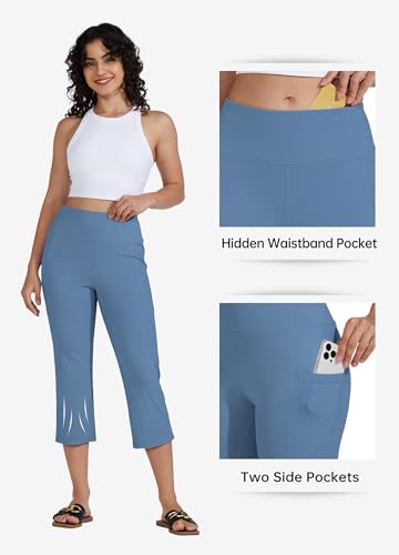 Willit Women's Yoga Capris Pants High Waist Leggings Crop Straight Leg Athletic Exercise Workout Capris 21" Stone Blue L - Image 4