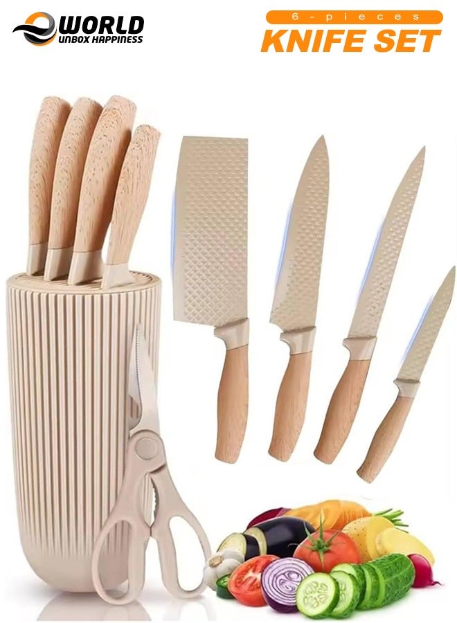 إي وورلد طقم سكاكين محترف مكون من 6 قطع، يشمل سكين المطبخ، سكين الشيف، سكين ياباني، سكين متعدد الاستخدامات، مقص المطبخ، وحامل سكاكين غير لاصق عالمي، شفرات حادة من الفولاذ المقاوم للصدأ مع مقابض مريحة، مثالي للمهام اليومية في المطبخ، باللون الكاكي - Image 1