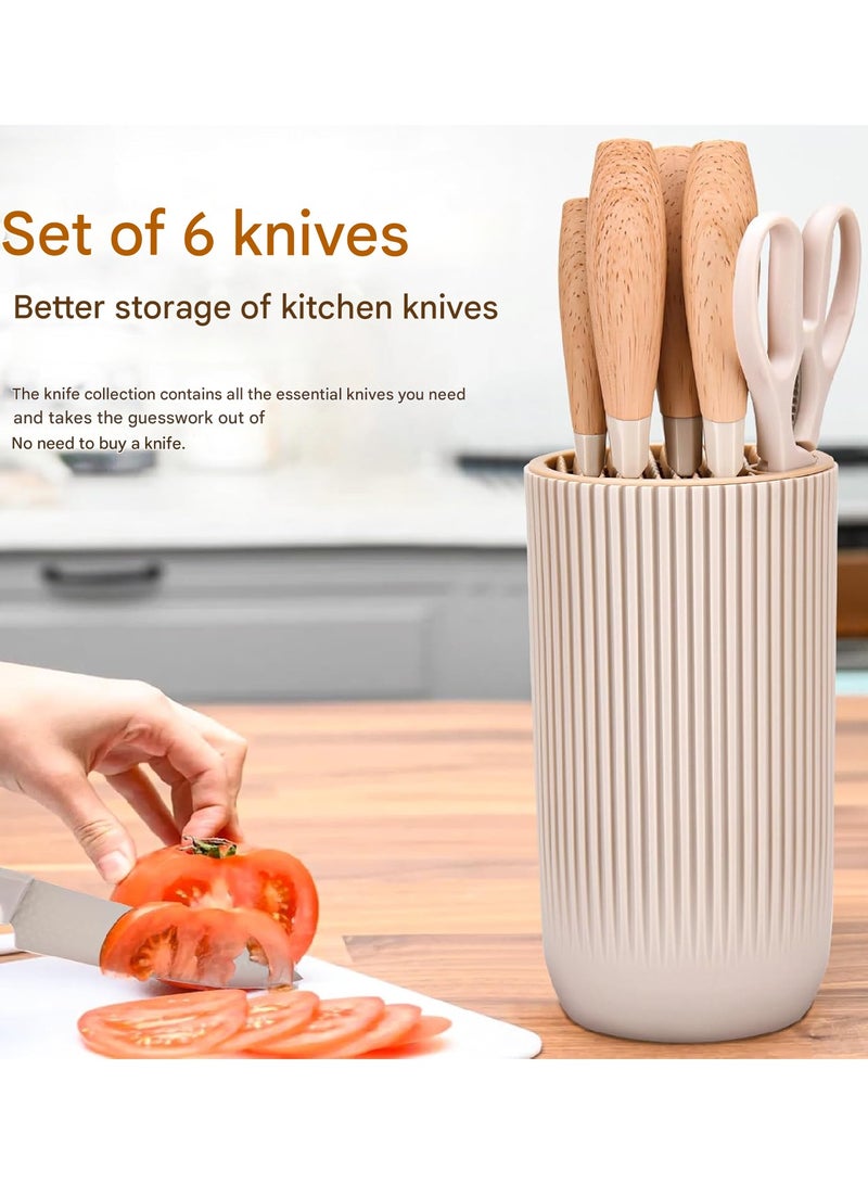 إي وورلد طقم سكاكين محترف مكون من 6 قطع، يشمل سكين المطبخ، سكين الشيف، سكين ياباني، سكين متعدد الاستخدامات، مقص المطبخ، وحامل سكاكين غير لاصق عالمي، شفرات حادة من الفولاذ المقاوم للصدأ مع مقابض مريحة، مثالي للمهام اليومية في المطبخ، باللون الكاكي - Image 4