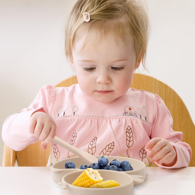 Qshare 3-Piece Silicone Suction Cup Plate for Babies with Spoon and Fork, Baby Weaning Feeding Set, 100% BPA-Free, Dishwasher and Microwave Safe (Beige) - Image 3