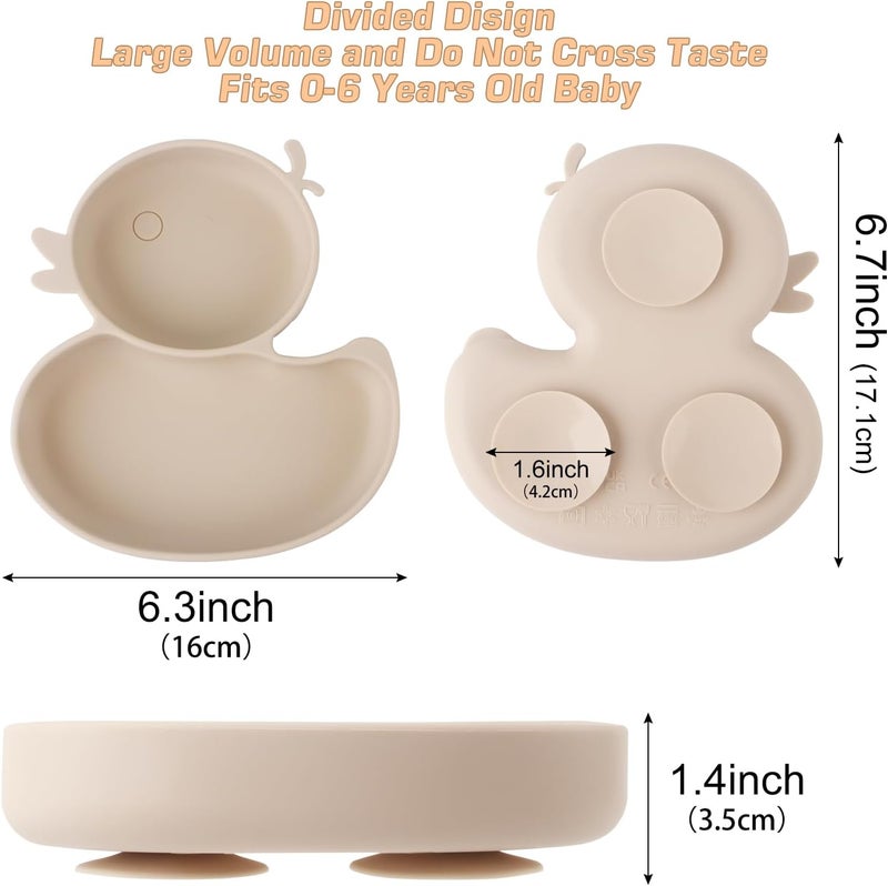 Qshare 3-Piece Silicone Suction Cup Plate for Babies with Spoon and Fork, Baby Weaning Feeding Set, 100% BPA-Free, Dishwasher and Microwave Safe (Beige) - Image 2