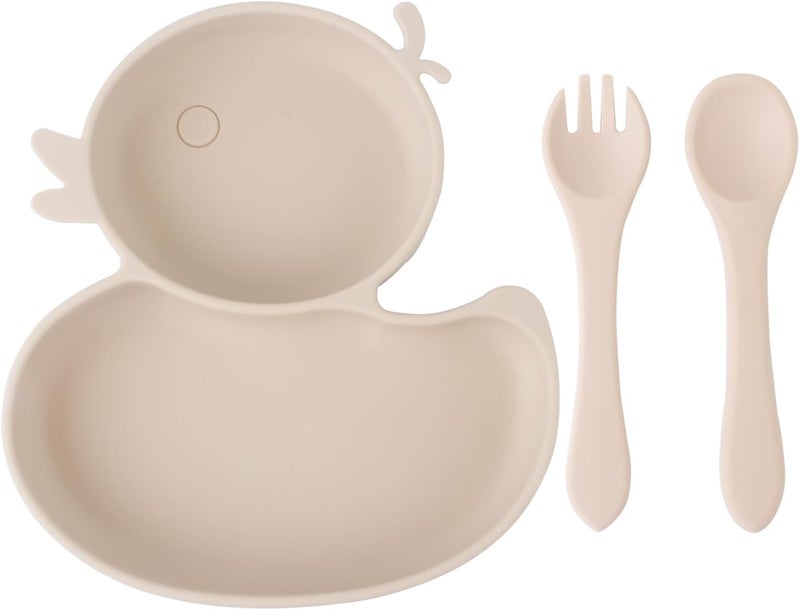 Qshare 3-Piece Silicone Suction Cup Plate for Babies with Spoon and Fork, Baby Weaning Feeding Set, 100% BPA-Free, Dishwasher and Microwave Safe (Beige) - Image 1