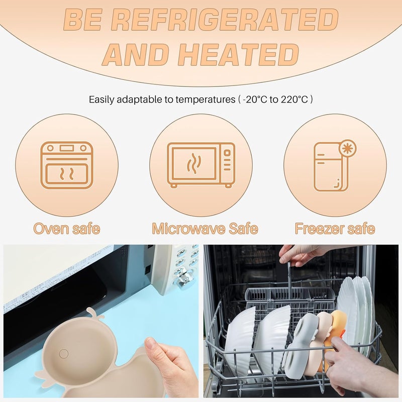 Qshare 3-Piece Silicone Suction Cup Plate for Babies with Spoon and Fork, Baby Weaning Feeding Set, 100% BPA-Free, Dishwasher and Microwave Safe (Beige) - Image 5