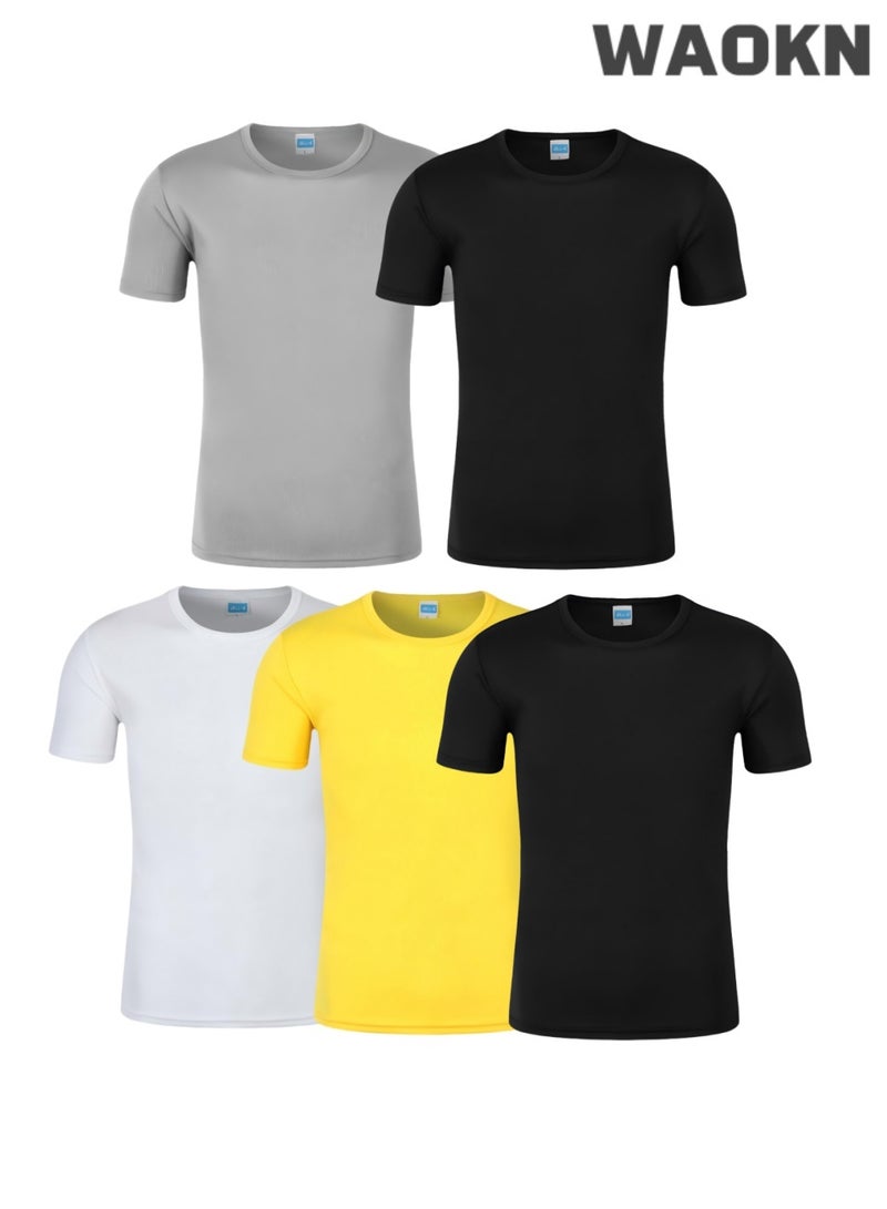 WAOKN Men's 5-piece T-shirt set, quick drying sports T-shirt, men's round neck T-shirt summer basic style, quick drying moisture absorbing T-shirt, sports running gym exercise short sleeved T-shirt loose, sports casual short sleeved. - Image 1