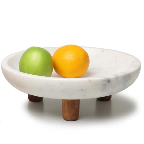 LAVAUK Marble Fruit bowl with three wood legs | 11.8 inch dia footed bowl for kitchen counter | Use as centerpiece for dining table, key bowl for entryway table, or potpurri/decorations (Large) - Image 1