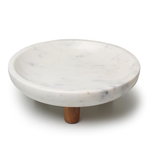 LAVAUK Marble Fruit bowl with three wood legs | 11.8 inch dia footed bowl for kitchen counter | Use as centerpiece for dining table, key bowl for entryway table, or potpurri/decorations (Large) - Image 5