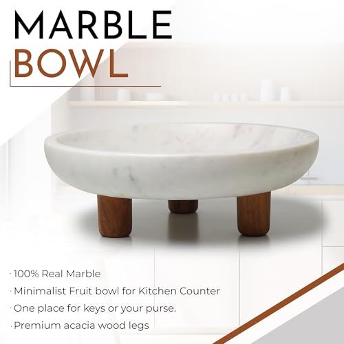 LAVAUK Marble Fruit bowl with three wood legs | 11.8 inch dia footed bowl for kitchen counter | Use as centerpiece for dining table, key bowl for entryway table, or potpurri/decorations (Large) - Image 4