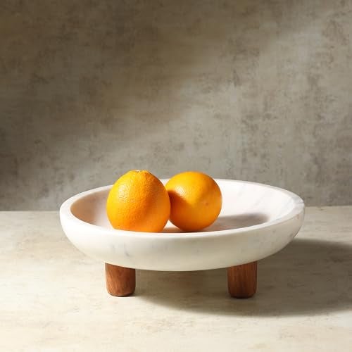 LAVAUK Marble Fruit bowl with three wood legs | 11.8 inch dia footed bowl for kitchen counter | Use as centerpiece for dining table, key bowl for entryway table, or potpurri/decorations (Large) - Image 2