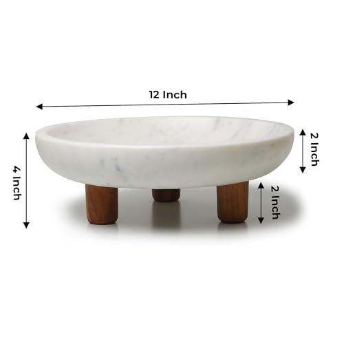 LAVAUK Marble Fruit bowl with three wood legs | 11.8 inch dia footed bowl for kitchen counter | Use as centerpiece for dining table, key bowl for entryway table, or potpurri/decorations (Large) - Image 3