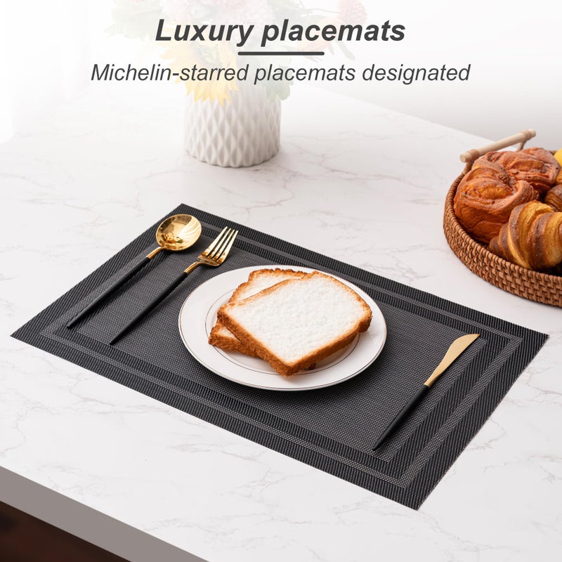 CADONO Placemats Set of 4 Washable Indoor/Outdoor Vinyl Place Mats for Dining Table Durable Non-Slip Heat Resistant PVC Weave Table Matsï¼ˆSimple Style-Blackï¼‰ - Image 5