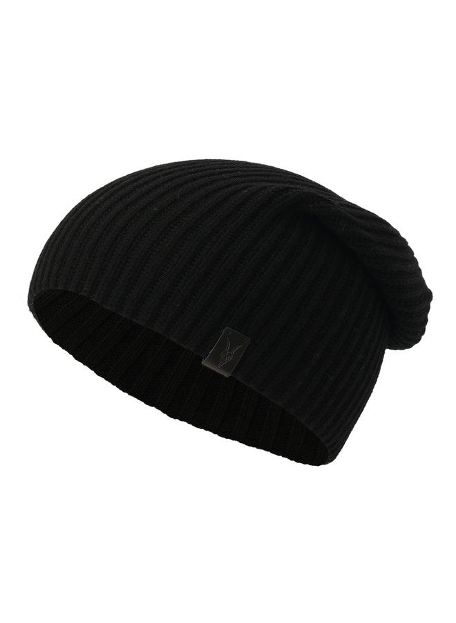 AllSaints Mens Merino Ribbed Beanie, Ribbed Hat with Logo Design, 100% Wool, Black - Image 1