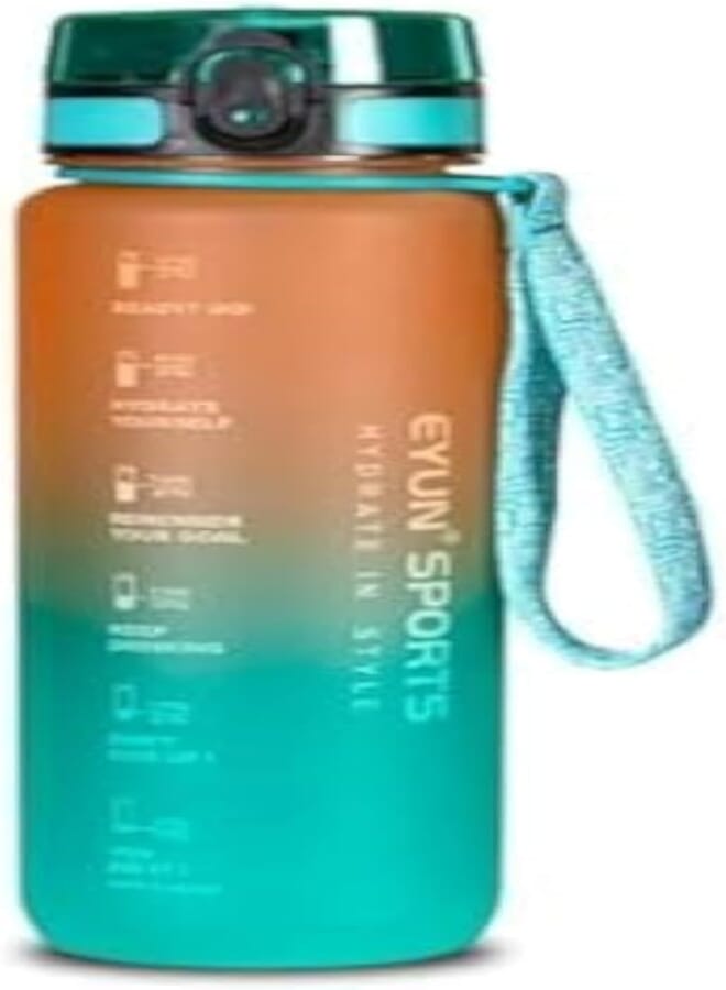 EYUN Multicolor Sports Water Bottle 1000 ml, Plastic Leakproof Motivational Water Bottle for Travel, Fitness, Outdoor Sports, Home, School,Gym,Yoga & Office, Orange/Green