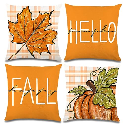 YUJUN 4 PCS Fall Pillow Covers Decoration,20x20in Buffalo Plaid Farmhouse Pumpkin Maple Leaves Thanksgiving Fall Throw Pillows Cushion Case Couch Decor for Autumn Home Outdoor Decorations - Image 1