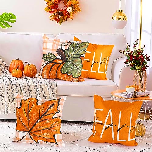 YUJUN 4 PCS Fall Pillow Covers Decoration,20x20in Buffalo Plaid Farmhouse Pumpkin Maple Leaves Thanksgiving Fall Throw Pillows Cushion Case Couch Decor for Autumn Home Outdoor Decorations - Image 4