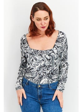 Asos Design Women Marble Print Long Sleeve Bodysuit, Black  - Image 1