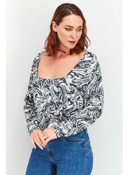 Asos Design Women Marble Print Long Sleeve Bodysuit, Black  - Image 2