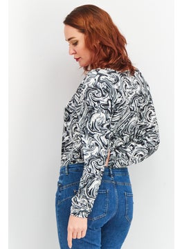 Asos Design Women Marble Print Long Sleeve Bodysuit, Black  - Image 3