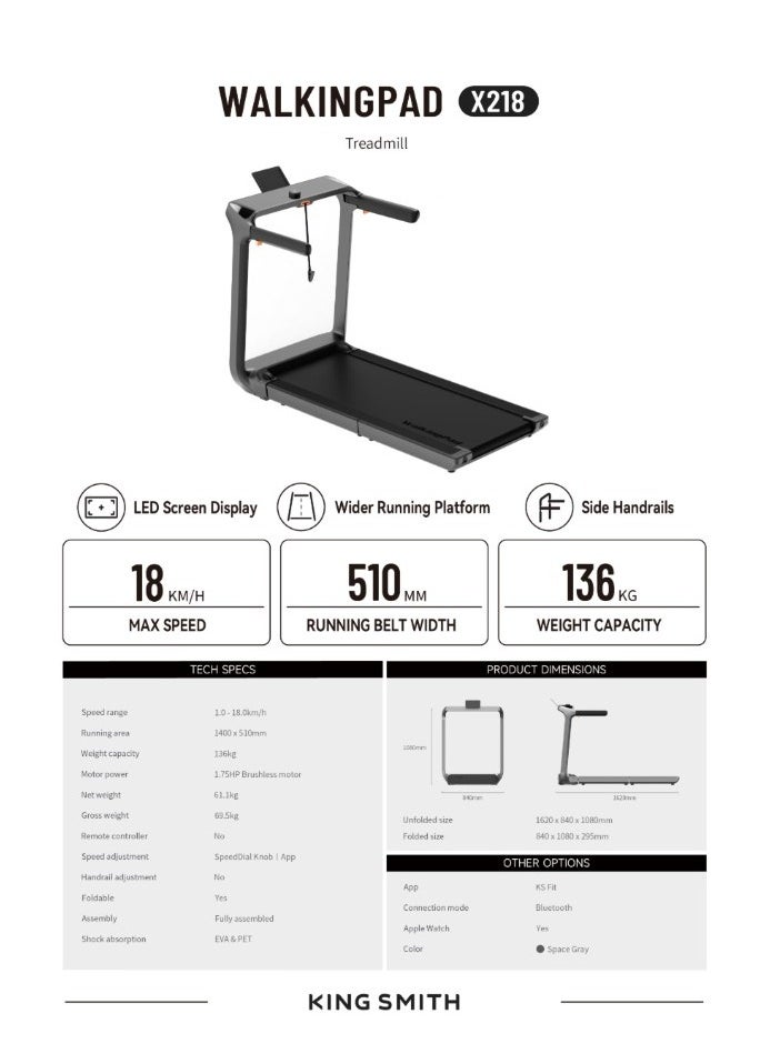 KINGSMITH - WP510B4 Kingsmith Treadmill Black X218 | Walking Pad Foldable Treadmill with Side Armrest, Max Speed 16km/h, 1.75 Brushless Motor - Black - Image 1